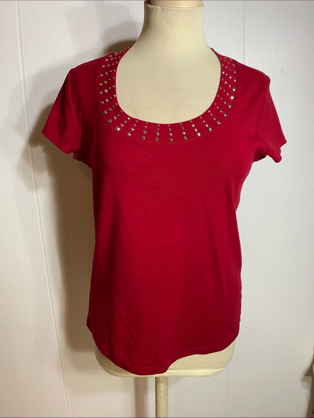 Dress Barn Red Scoop Neck Top with Silver Stud Accents
